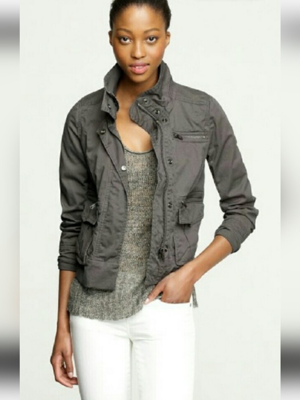 J Crew 100% Cotton Dark Khaki Funnel Neck Jacket, Size M, Fall Trendy Essential